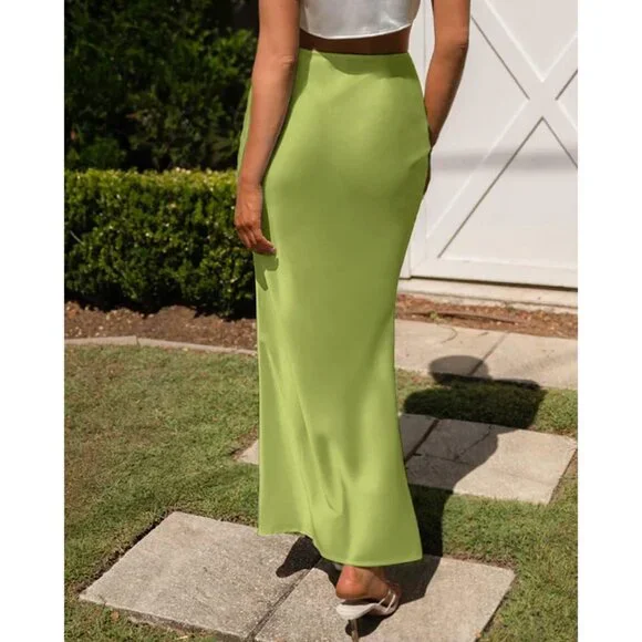 Women's Apple Green Satin Waisted Hidden Elasticized Waistband A Line Maxi Skirt - Picture 3 of 5